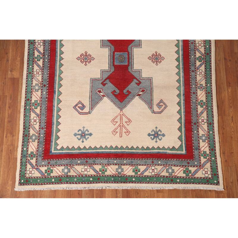 Kazak Area Rug Hand-Knotted Oriental Beige Wool Carpet - 5'0" x 6'10"