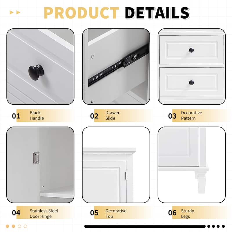 61.8'' White Storage Cabinet with 4 Drawers & 2 Doors, Adjustable Shelves, Solid Wood & MDF for Bathroom or Office