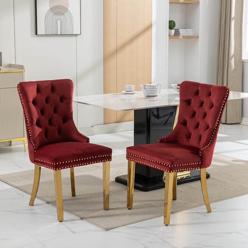 GDF Studio-Nikki Modern Wood Velvet Upholstered Dining Chair with Golden Stainless Steel Legs - Burgundy