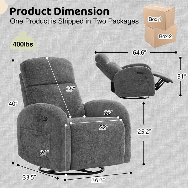 dimension image slide 9 of 12, Power Swivel Rocker Glider Nursery Recliner with USB Port Set of 2