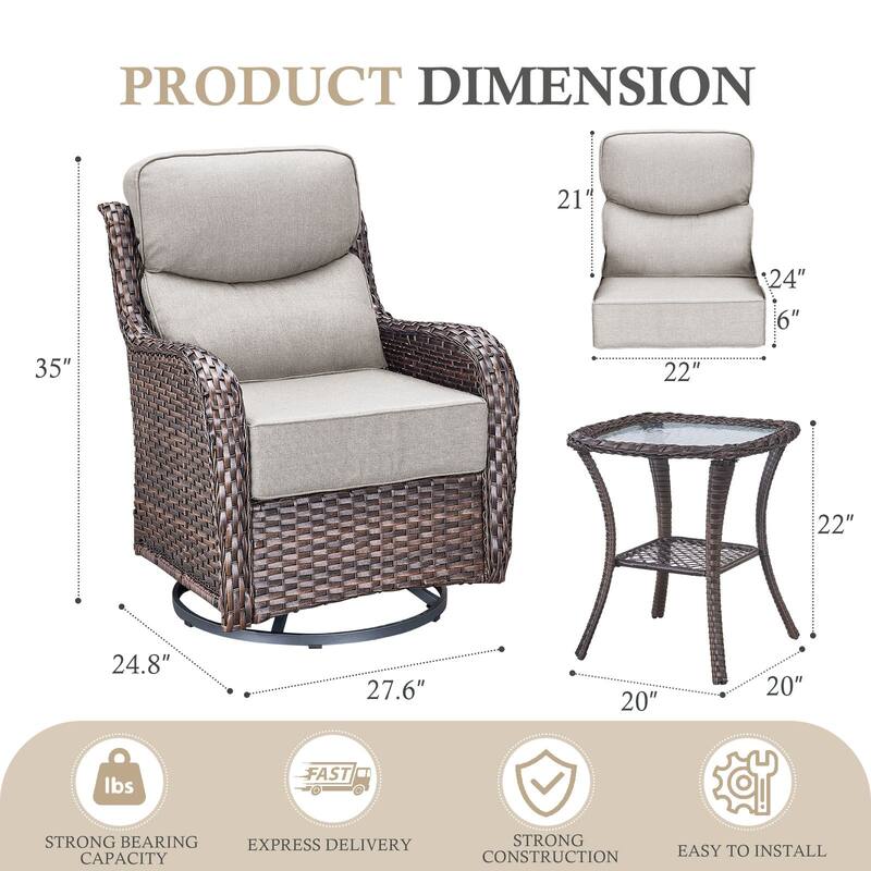 Arcadia 3-Piece Wicker Patio Swivel Glider Chairs with 6-Inch Thick Cushions and Side Table