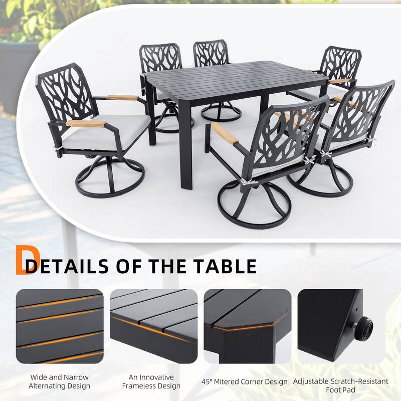 7-Piece Patio Dining Set - Swivel Rockers with Rectangular Aluminum Table and Umbrella Hole, Bourbon Brown