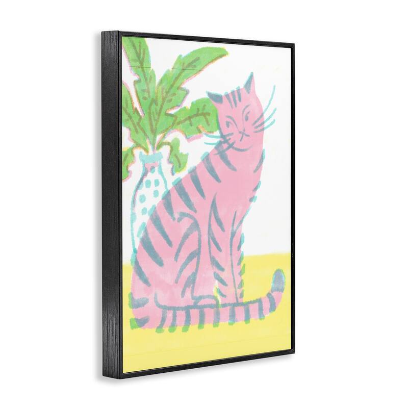 Stupell Modern Pink Cat & Plant Framed Giclee Art Design By Hannah Moren