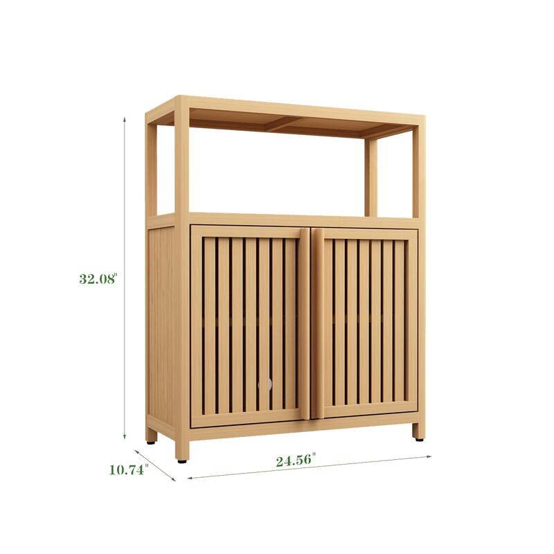 Bamboo Bathroom Storage Cabinet, Freestanding Storage Organizer, Bathroom Floor Cabinet with 2 Shutter Doors & Open Shelf