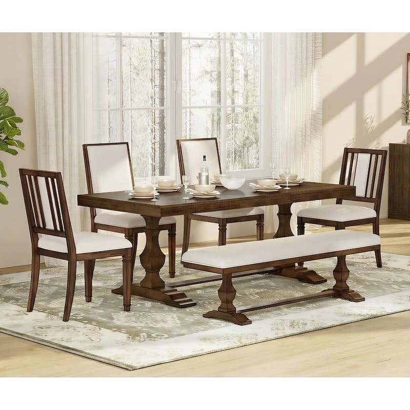 6-pieces Farmhouse Dining Table for 6, 74.8" Kitchen Table Set with 4 Chairs and Bench, Solid Wood Legs and Cushion Seat