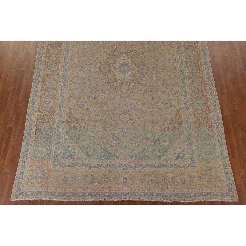 Muted Distressed Kashan Persian Antique Rug Hand-knotted Wool Carpet - 9'3" x 13'4"