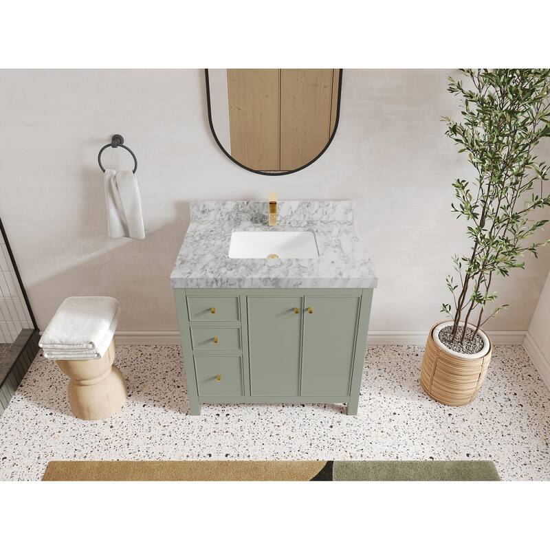 Willow Collections 36 in. W x 22 in. D Chicago Center Sink Right Bathroom Vanity with Countertop - 2”Carrara Marble - Evergreen
