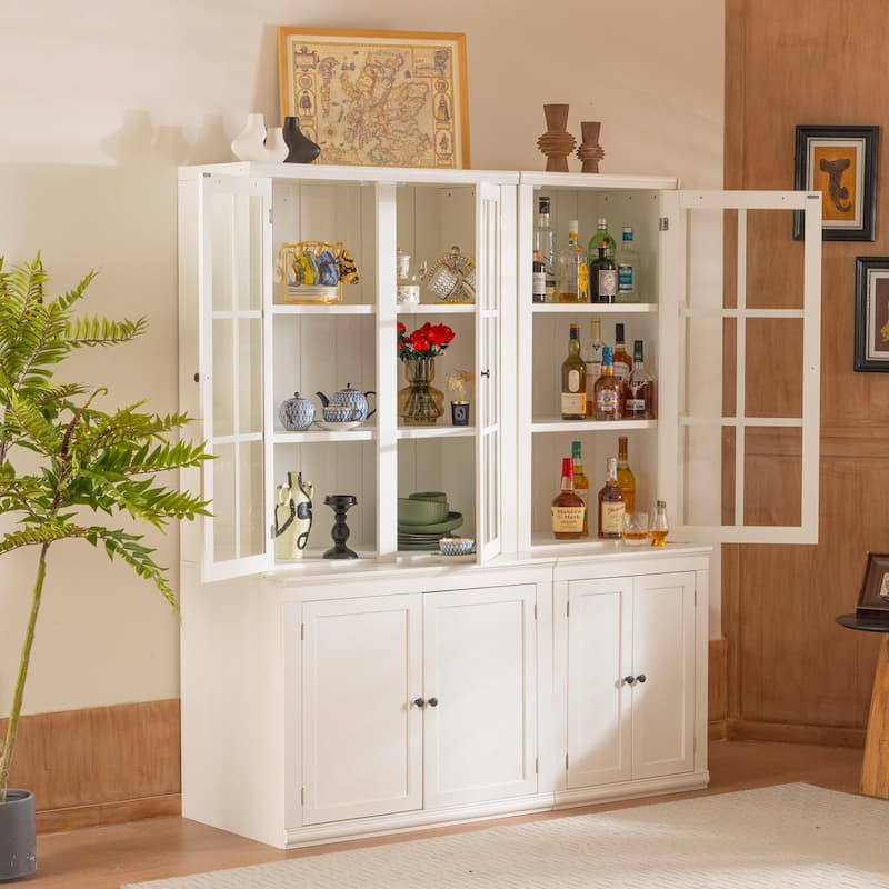 Roomfitters 75.25'' Pantry Cabinet Set with Glass Doors, Farmhouse Display Hutch Wall Storage Cabinet for Kitchen, White