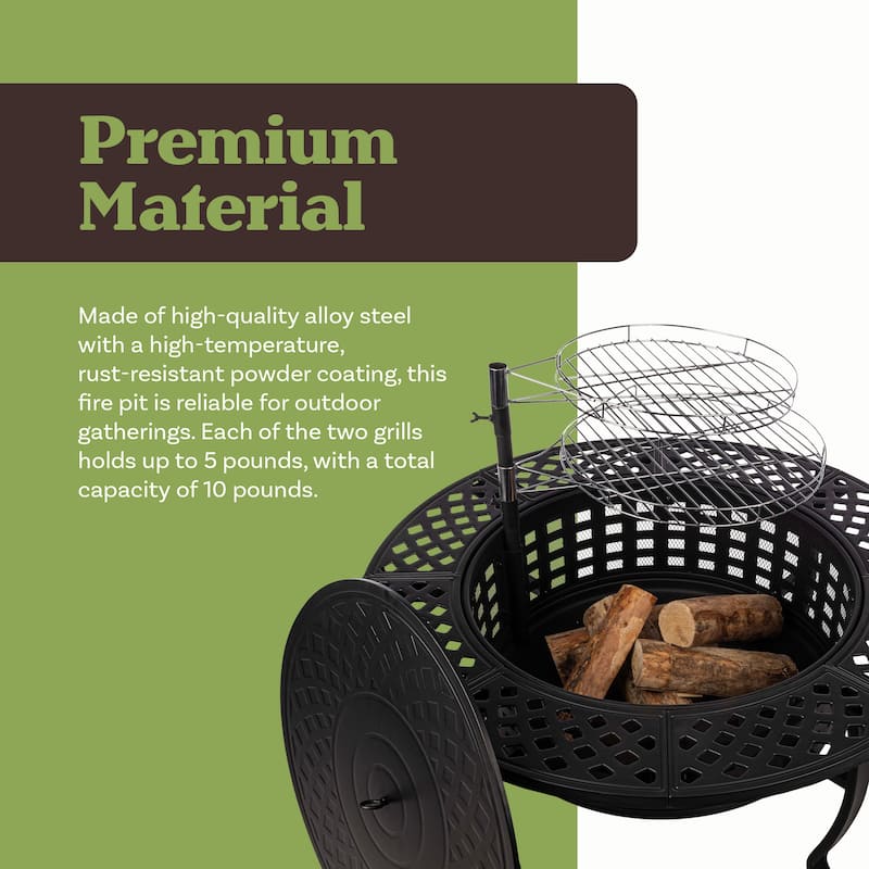Fire Pit with Grill - 37” Round Fire Table Outdoor Firepit with 2 Grills, Lid, Poker and Cover by Pure Garden