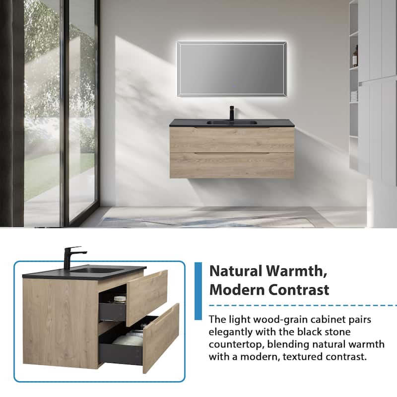 RupheonD 24"-48" Floating Bath Vanity in Evita Oak with Black Quartz Top