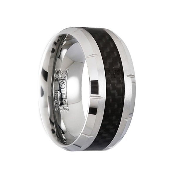 Tungsten Carbide Wedding Ring with White Carbon Fiber Inlay Beveled Edges 10mm Band