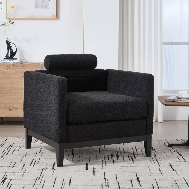 Modern Accent Chair with Wood Base, Boucle Upholstered Armchair with 2 Bolster Pillows, Single Sofa Chair for Living Room