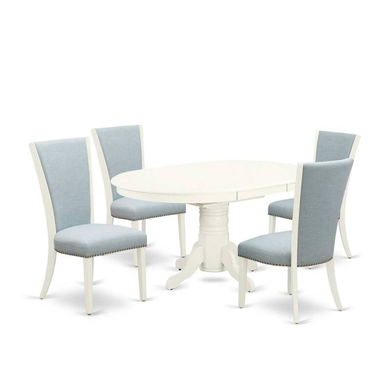 HomeStock 5-Piece Oval Linen White Finish Solid Wood Top Dining Table with 4 Parson Chair with Butterfly Leaf Lattice Back
