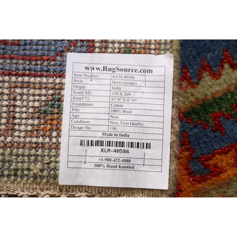 Green Heriz Serapi Indian Area Rug Handmade Wool Carpet - 8'10" x 11'9"