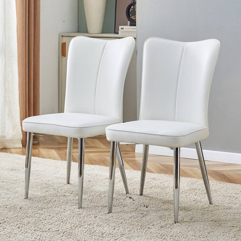 Modern/Minimalist Style PU Leather Dining Chairs Set of 2 with Sliver Metal Legs - White
