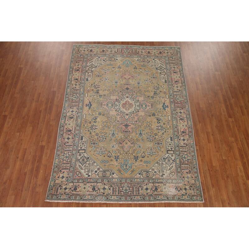 Hand Knotted Oriental 100% Wool Carpet Traditional Medallion Yellow & Gold Tabriz Area Rug - 9' 8'' X 6' 10''