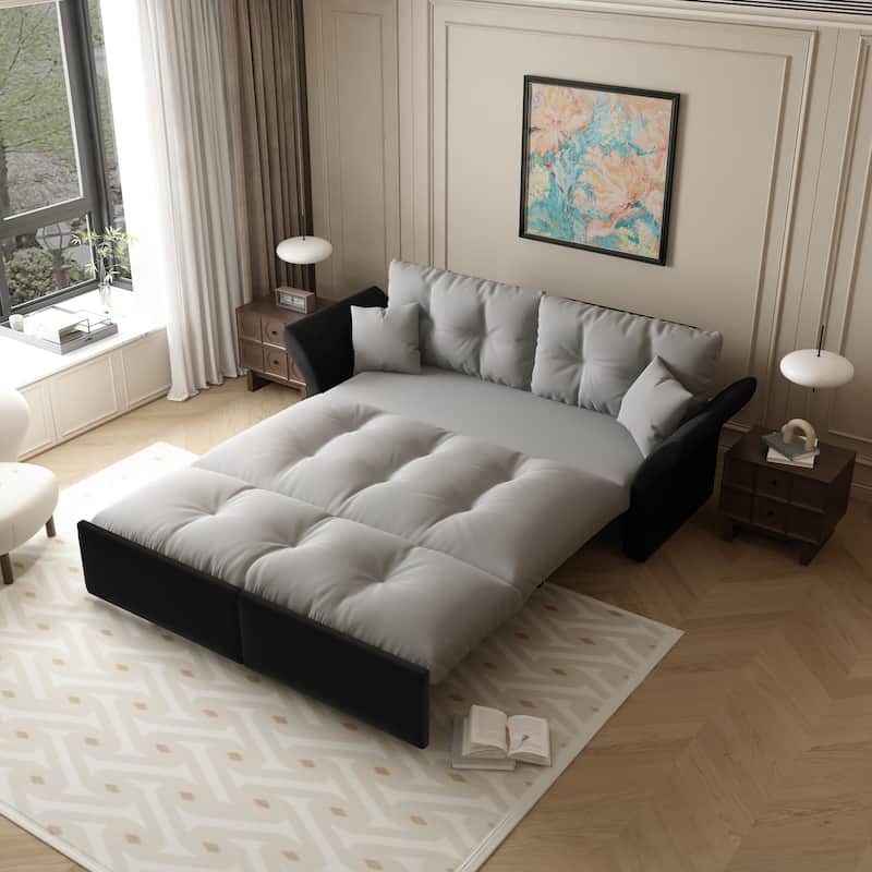 74.8" Queen Sleeper Sofa - 3-in-1 Tufted Velvet Loveseat with Pull-Out Bed & 2 Pillows, Multi-Functional - Grey