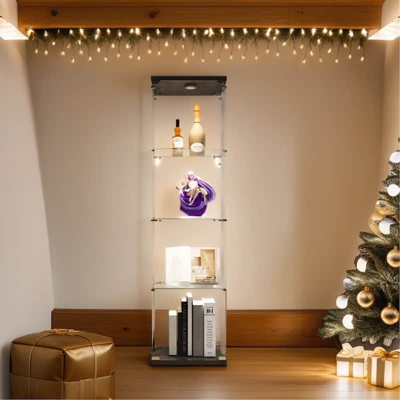 Lighted 4 Shelves Glass Cabinet Glass Display Cabinet with One Door