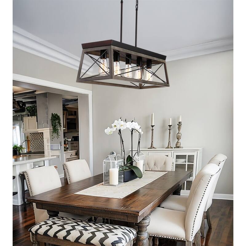 5-Light Antique Bronze Linear Kitchen Light Farmhouse Chandelier with Wood Open Frame - Brown