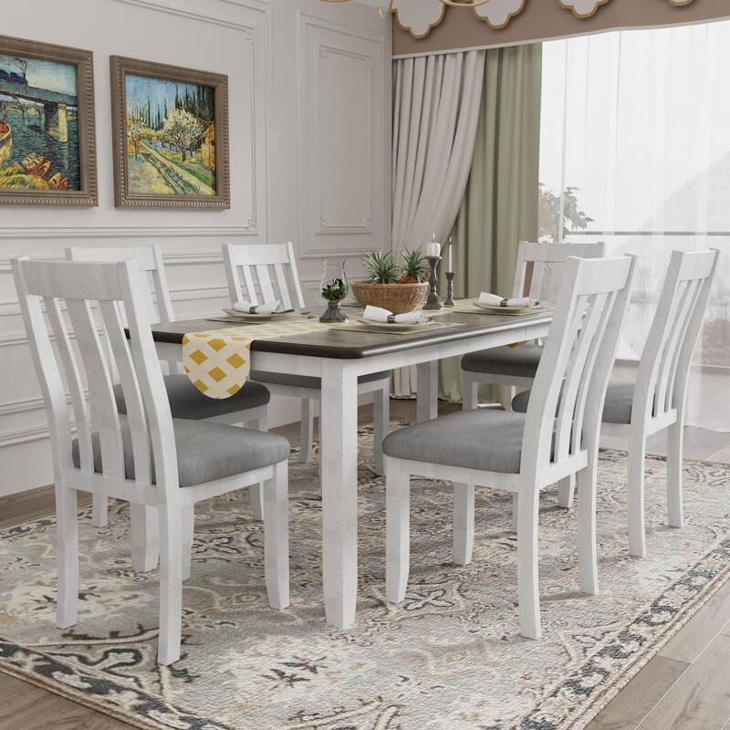 7 -Piece Wood Piece Dining Set, Retro Style Extendable Table 6 Upholstered Chairs for Kitchen Dinette Room, Antique Brown+White