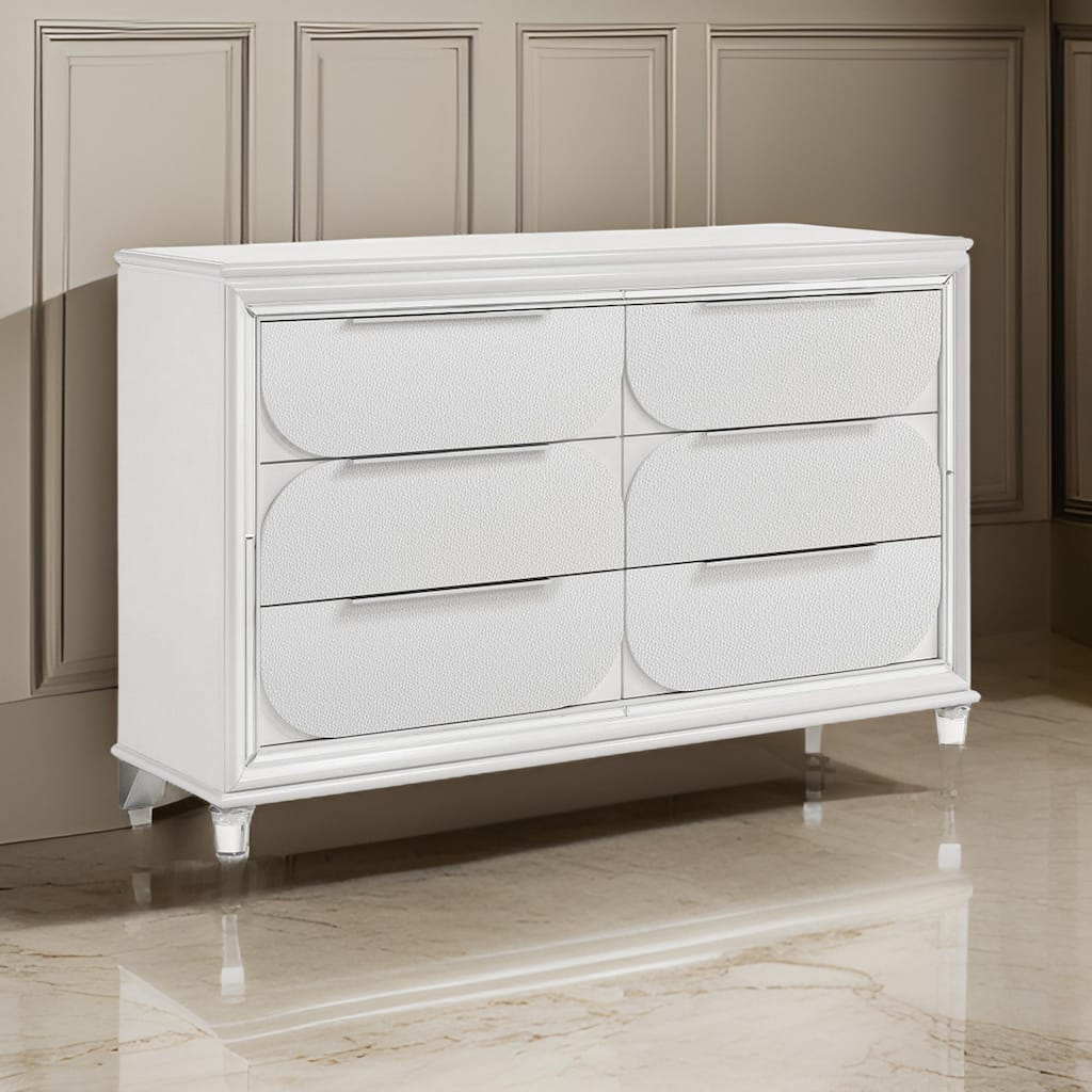 Rara 64 Inch Wide Dresser, 6 Drawers, Mirror Trim, Acrylic Legs, White