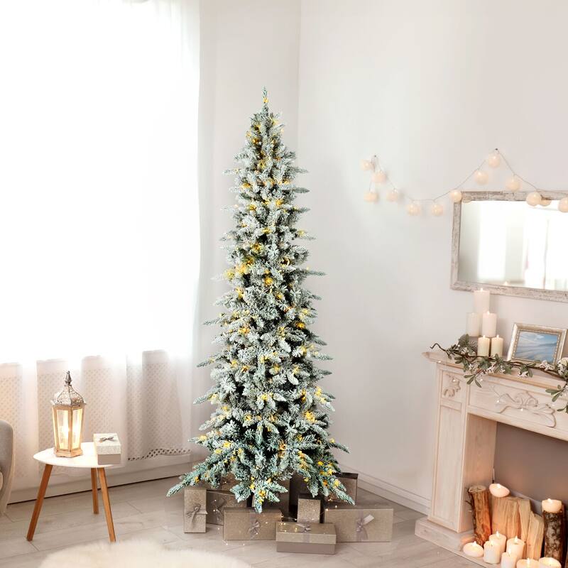 Fraser Hill Farm 7.5-Ft. Slim Mountain Pine Flocked Christmas Tree with Warm White LED Lights