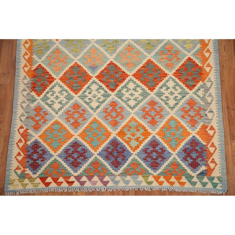 Hand Woven Oriental 100% Wool Carpet Southwestern Geometric Multi-Colored Kilim Area Rug - 6' 3'' X 5' 0''