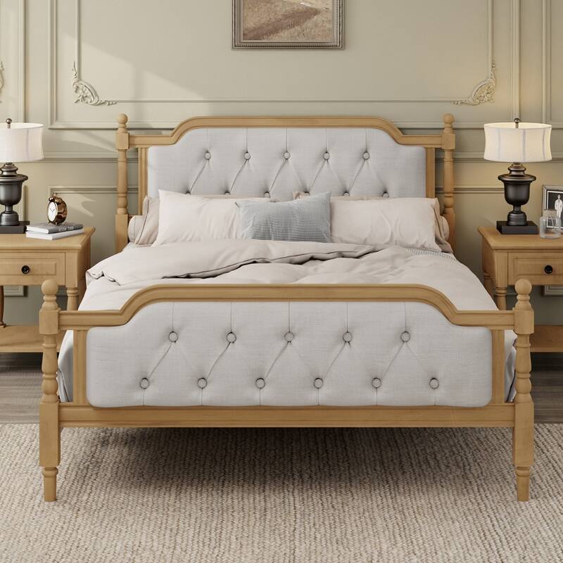 Traditional Style Upholstered Tufted Headboard Wooden Bed Frame