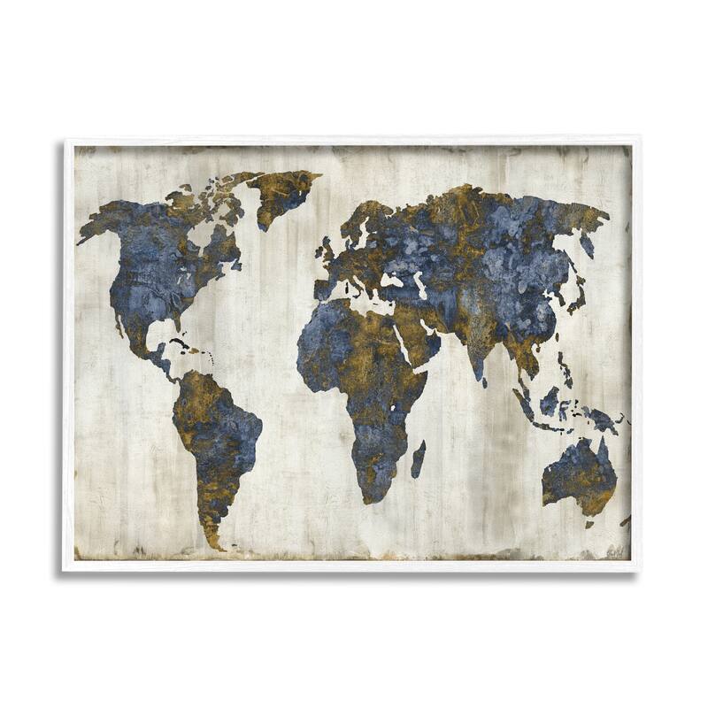 Stupell Gold Blue World Map Design Framed Wall Art - 16 x 20 - White