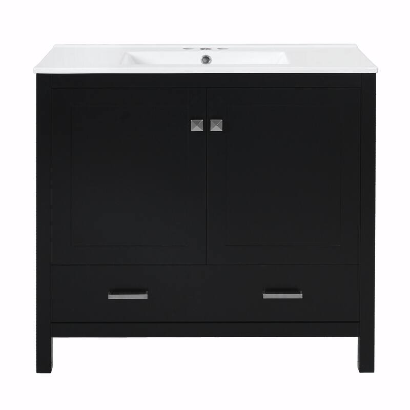 36"/30" Bathroom Vanity with Ceramic Sink, Soft-Close Doors, Double Storage Shelves & Divided Drawer