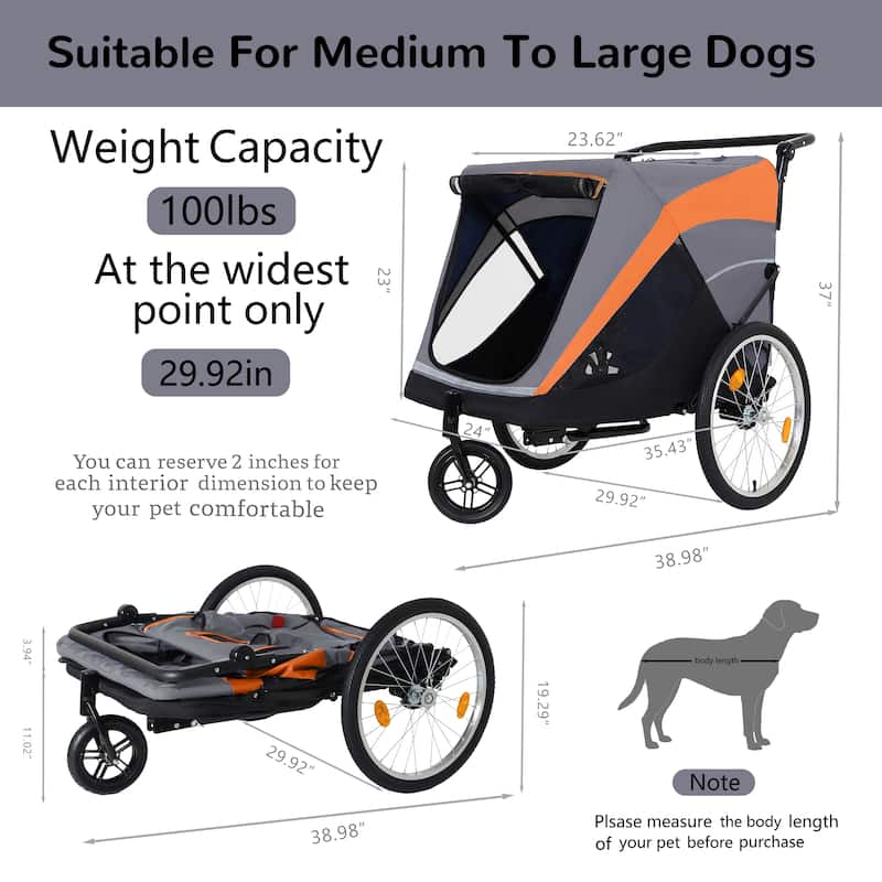 2-in-1 Pet Bike Trailer & Push Cart - 100LB Dog Carrier with Quick Release Wheels, Storage Bag & Safety Leash