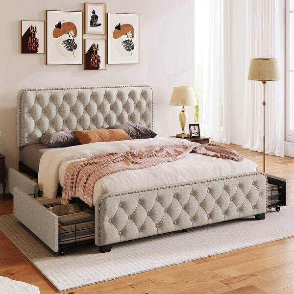 Upholstered Queen Size Metal Support Bed Frame with Drawers Bed Bath