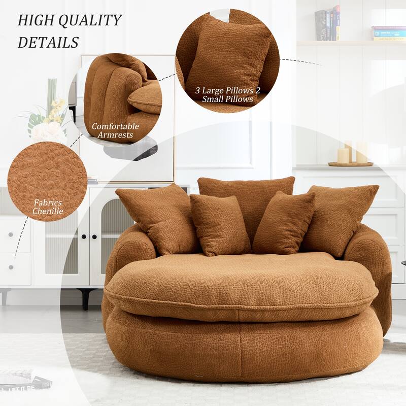 Oversized Oval Upholstered Bean Bag Sofa, Lazy Sofa with 3 Large Pillows and 2 Small Pillows, Wrap Around Backrest