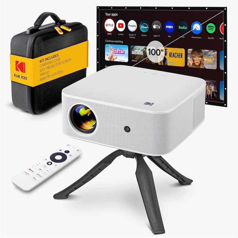 Kodak FLIK X20 Full HD Smart Projector Kit with 100" Screen, Tripod, Remote, Wi-Fi, EVA Case - White