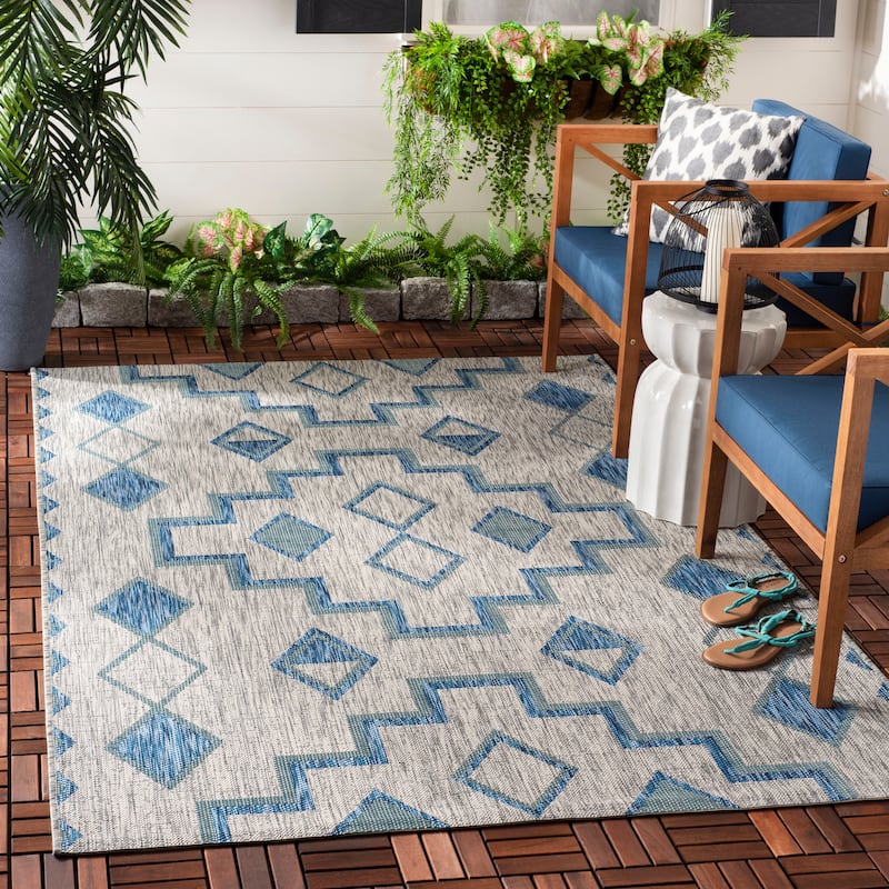 SAFAVIEH Courtyard Cemre Indoor/ Outdoor Waterproof Patio Backyard Rug - 4' x 5'7" - Grey/Aqua