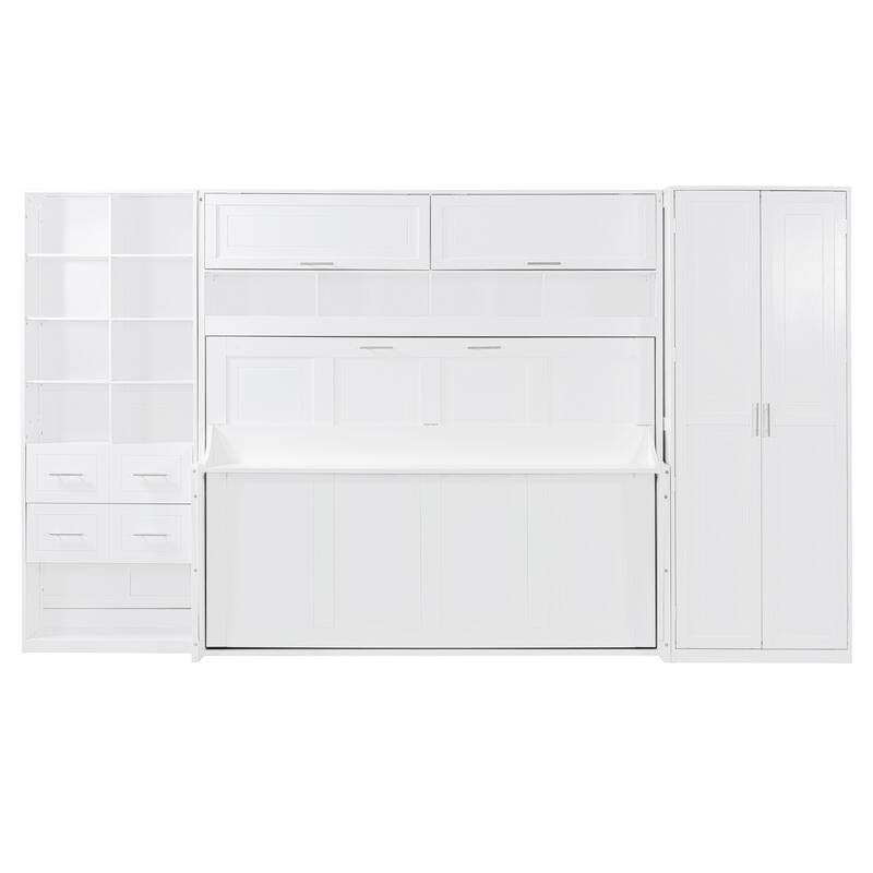 Full Size Wall Bed with Closet, Drawers, and Shelves in White
