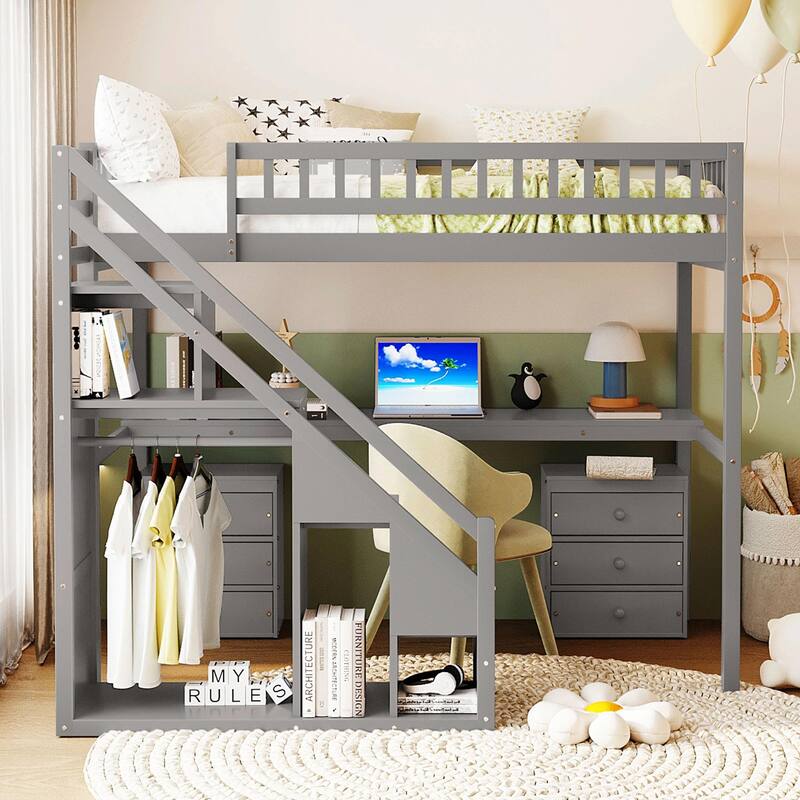Loft Bed with Two Chest of Drawers, Integrated Desk, and LED Light Strip
