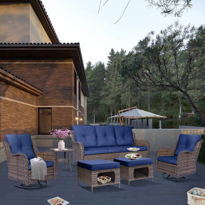 6 Piece Outdoor Wicker Patio Conversation Sofa Sets with Swivel Chairs - Navy Blue-Brown Rattan