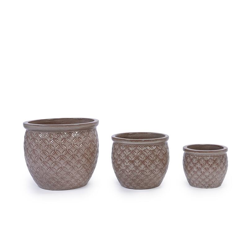 3 Pack Handmade Glazed Ceramic Planter, Ring Pattern Planter Pot