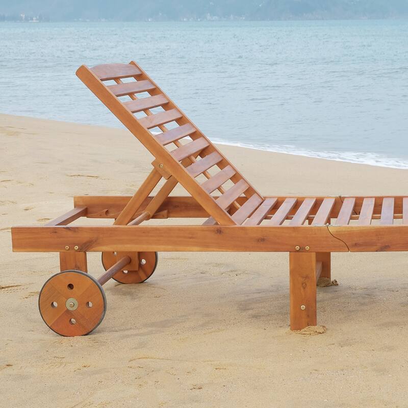 Teak Acacia Wood Outdoor Lounge Chair with Adjustable Back and Wheels - 77.5" L x 28.5" W x 33.5" H