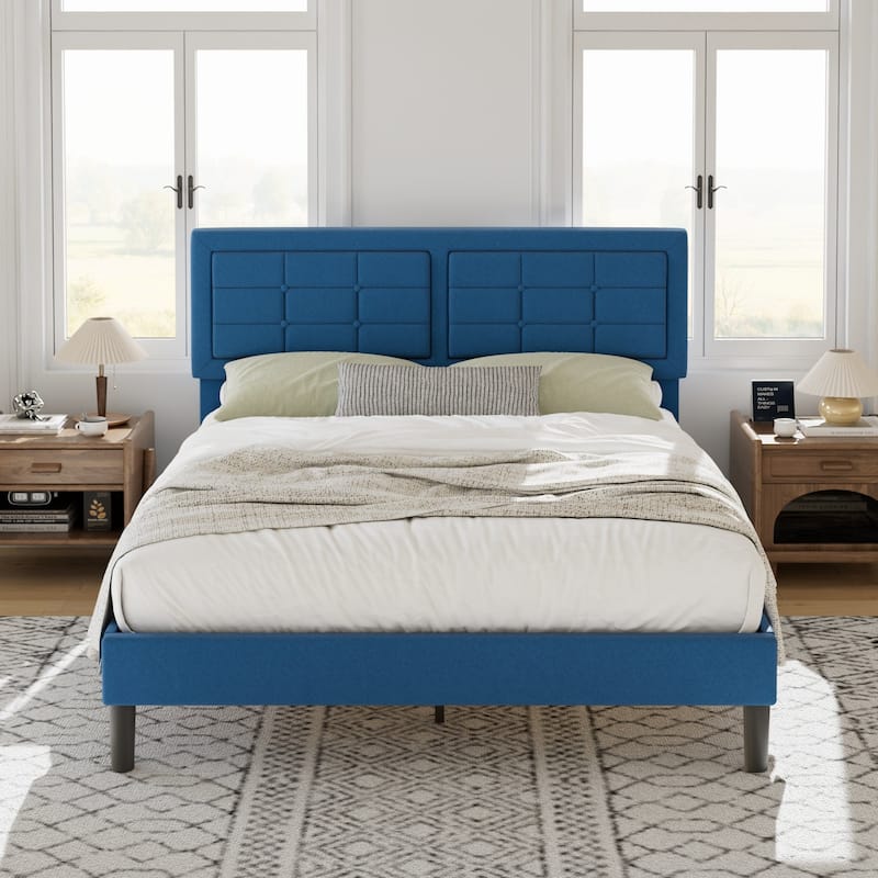 VECELO Bed Frame with Adjustable Headboard Upholstered Button Tufted Platform Bedframe with Wood Slats Support - Blue - Queen