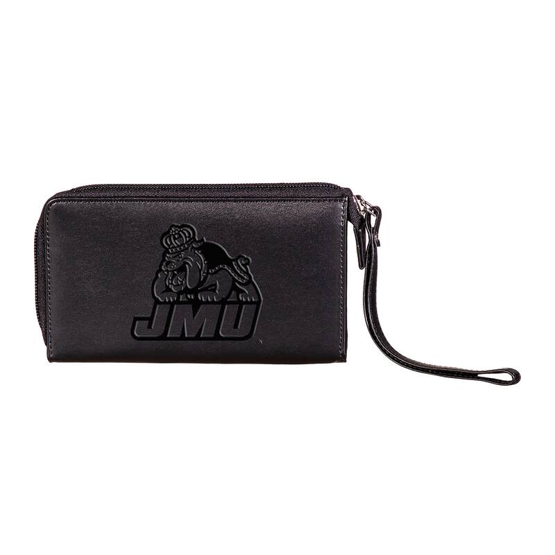 Black Hybrid Leather Cell Phone Wristlet Wallet, James Madison University - 4" x 7"