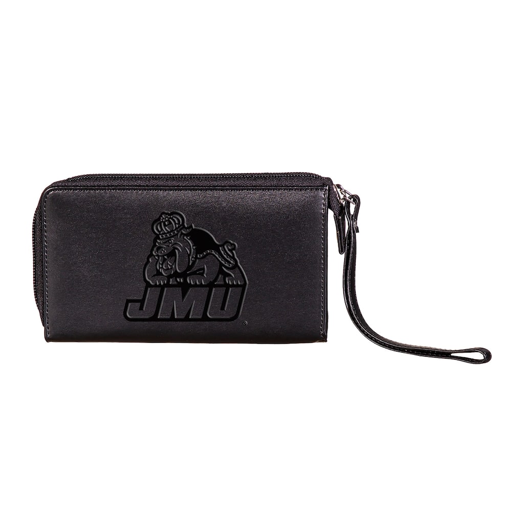 Black Hybrid Leather Cell Phone Wristlet Wallet, James Madison University - 4" x 7"