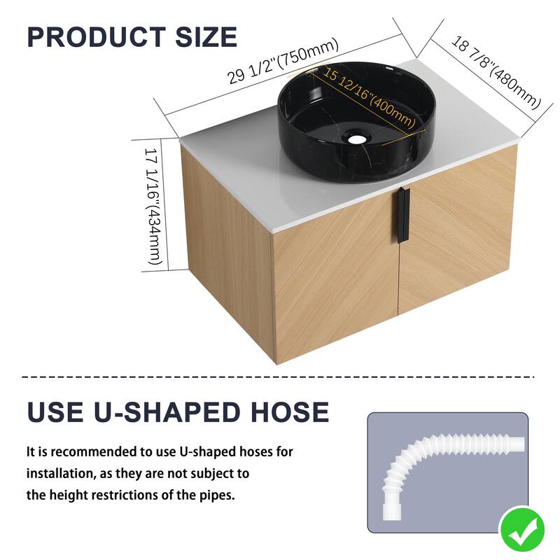 30" Bathroom Vanity with Matt Black Engineered Quartz Sink and Soft Black Drawers, Wall Mounted Floating Bathroom Vanity