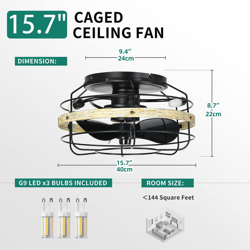 Moasis 15.7" Flush Mount Cage Ceiling Fan with Light and Remote Control