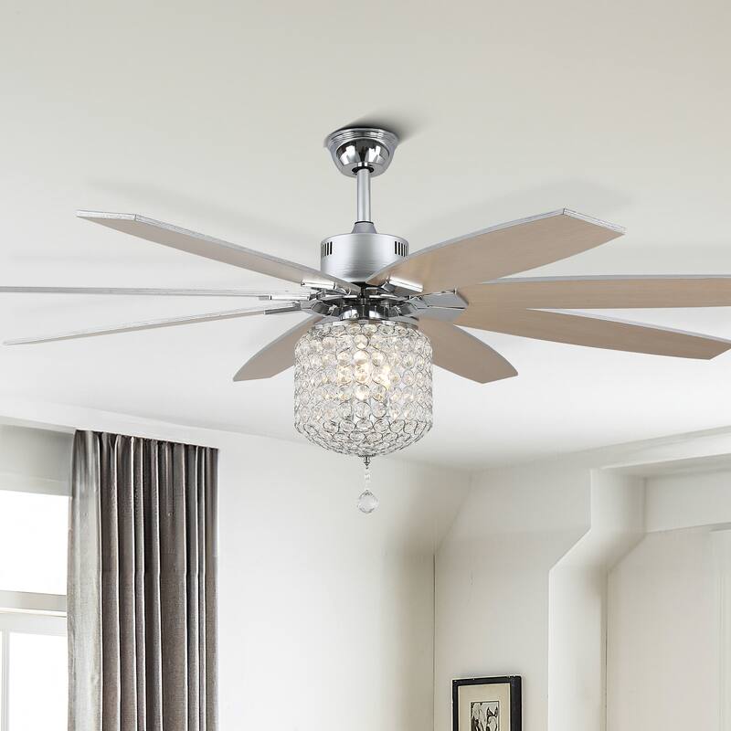 65" Large Crystal Ceiling Fan with Chorme Finish, 8-Blades 3 Lights w Crystal Shade, Quiet DC Motor w Remote Control - 65" * 65" * 25"