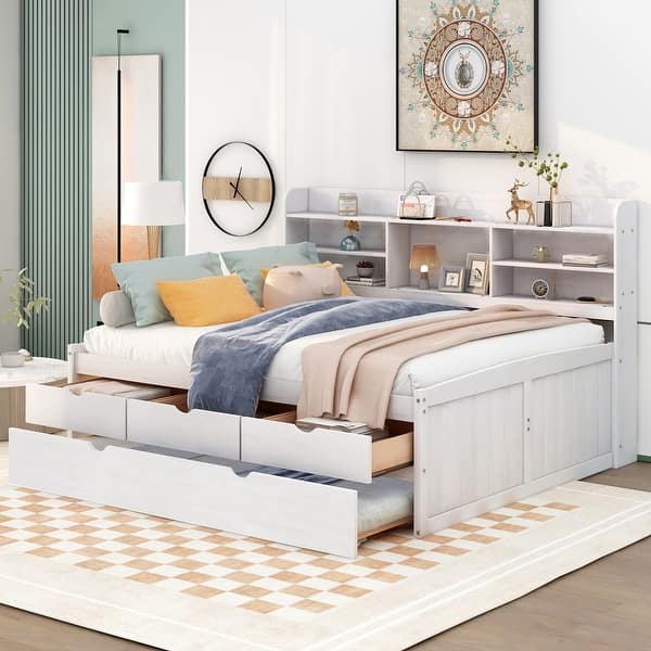 slide 2 of 15, White Full Size Wooden Captain Bed with Bookshelves, Drawers, and Trundle