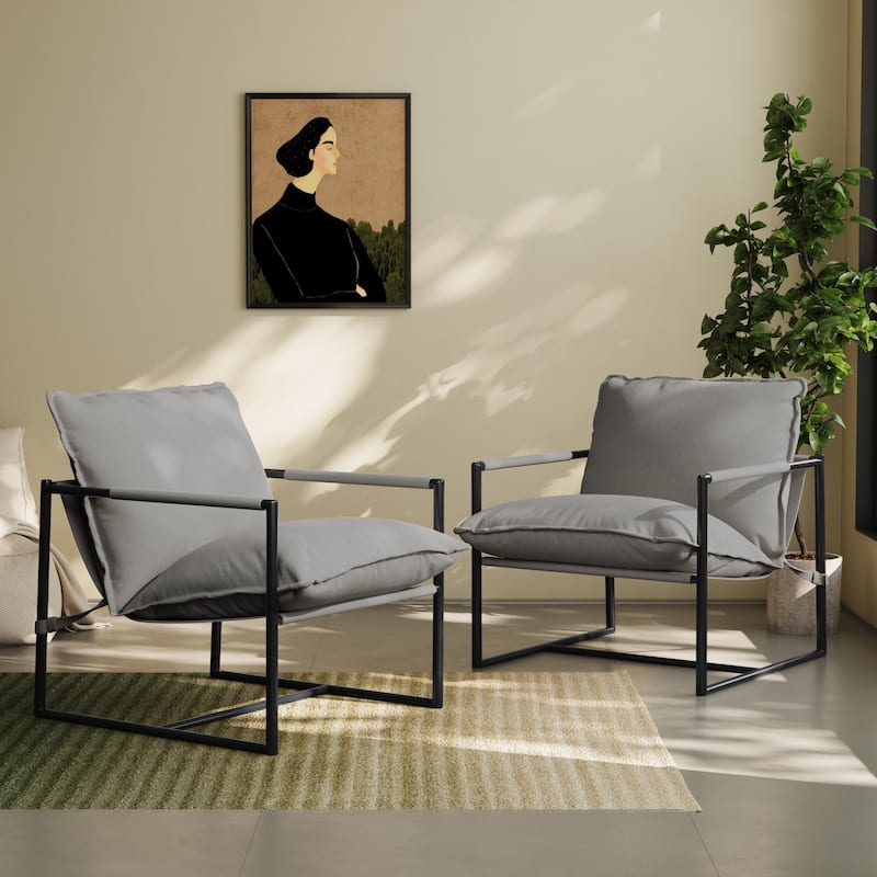 Modern Metal Frame Upholstered Sling Accent Armchair Set of 2 - Light Grey