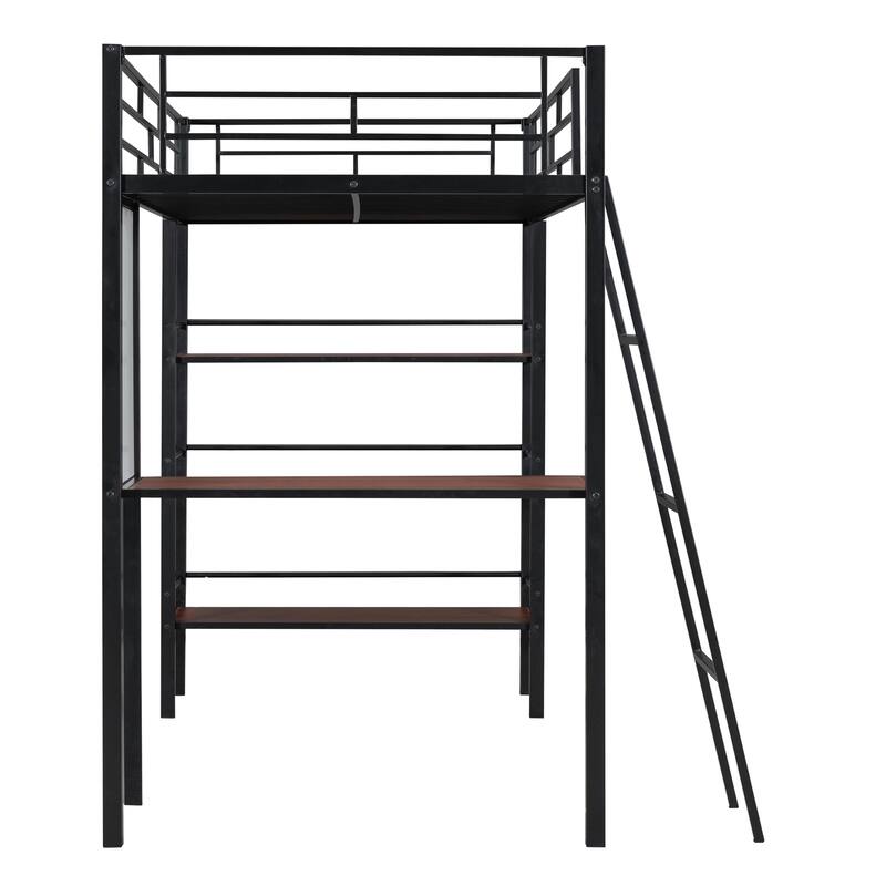 Stylish Loft Metal Bed with 3-Layer Shelves, Built-in Desk & Whiteboard - Modern Frame Design