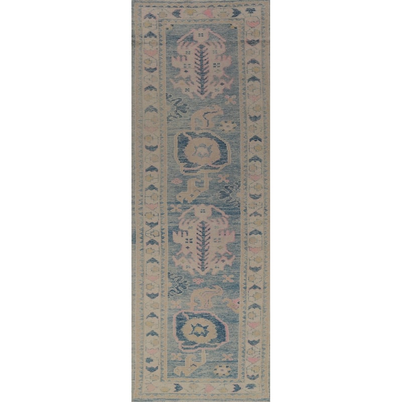 Hand Knotted Oriental 100% Wool Carpet Transitional Geometric Navy Blue & Blues Oushak Runner Rug - 12' 2'' X 3' 3''